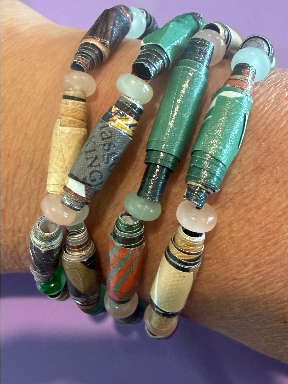 Handmade Green & Multicolor Paper Bead Necklace / Bracelet Wrap - Women Jewelry
